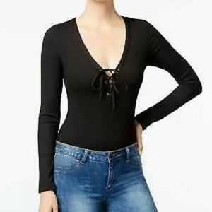 Material Girl Lace Up Rib Knit Body Suit Black